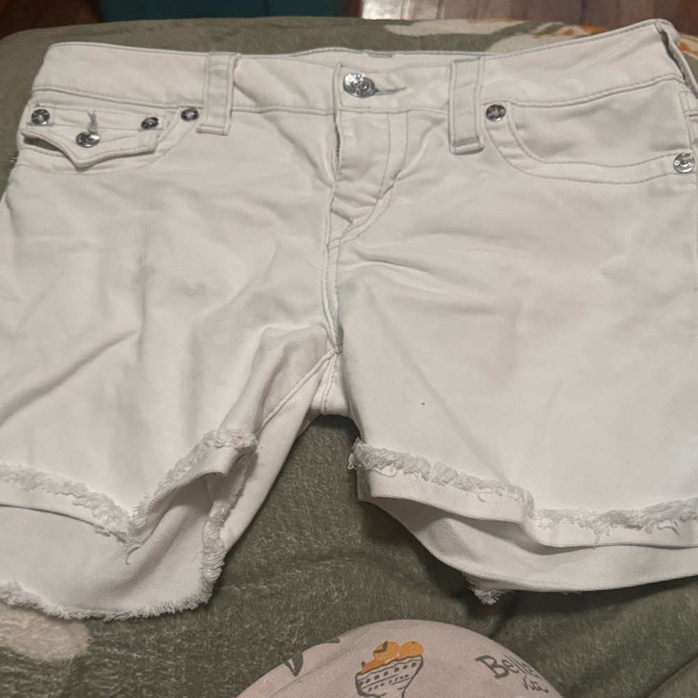 True Religion White Frayed Hem Denim Shorts